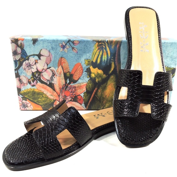 ALESSANDRO DI MARIA 🇮🇹 WOMEN'S BLACK LEATHER FLAT SUMMER SANDALS - Picture 7 of 8